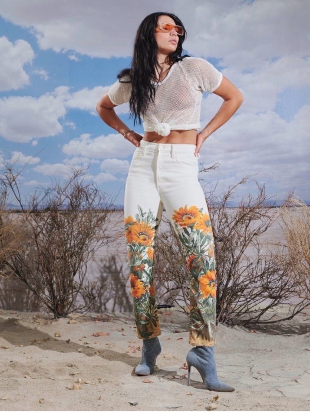 Mother White Floral Sunflower High-Rise Jeans water for flowers sz 23